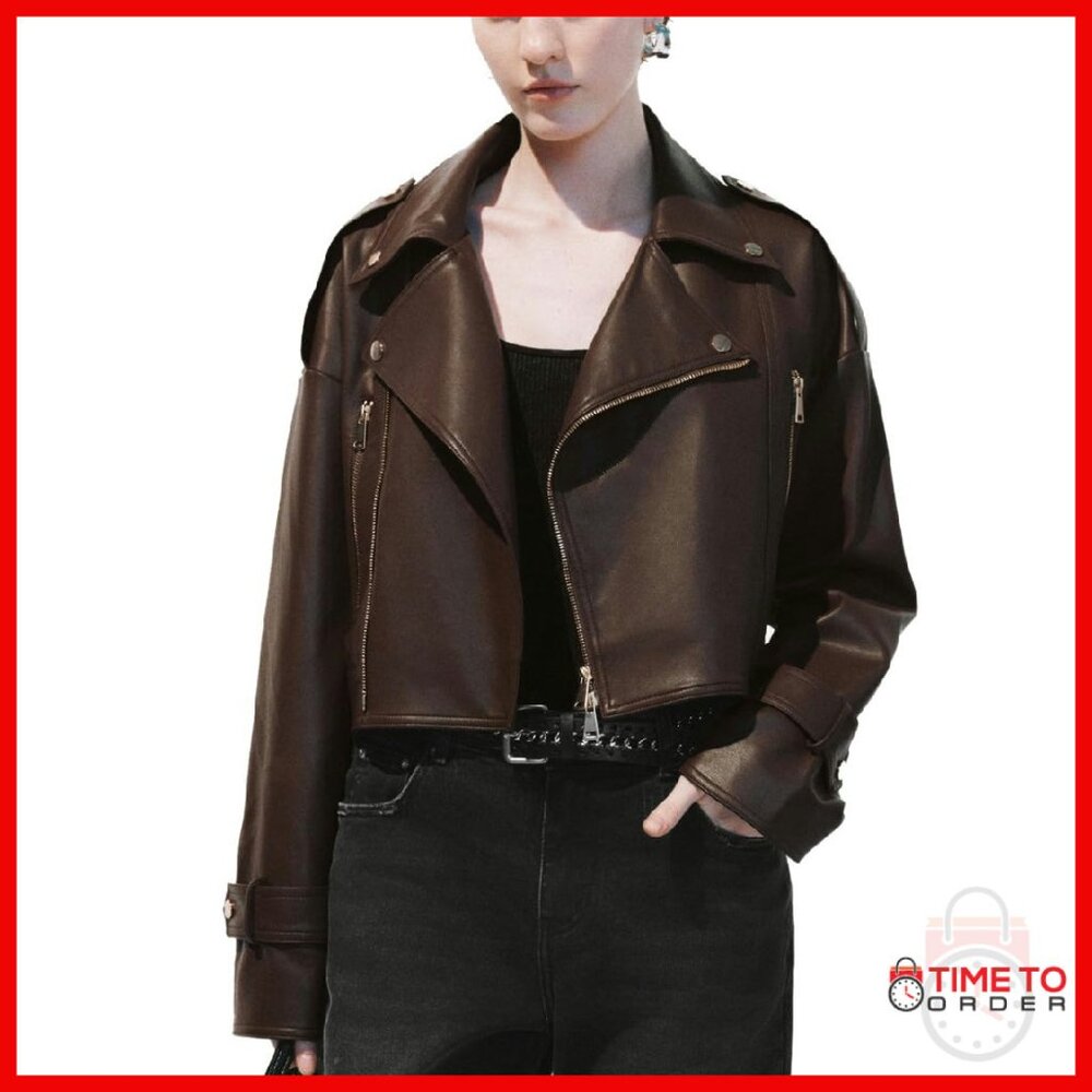 Oversized Lapel Leather Jacket With Belt Detail, Drop Shoulder, Bronze Buttons